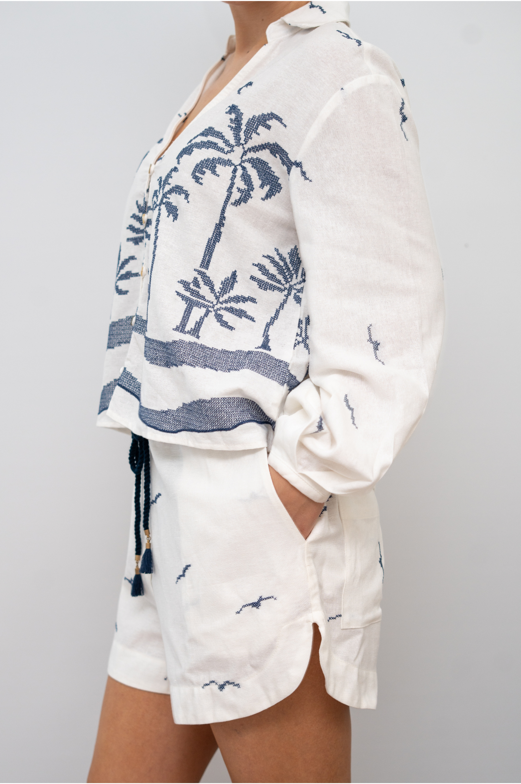 Off White Nautical Embroidered Drawstring Linen Shorts