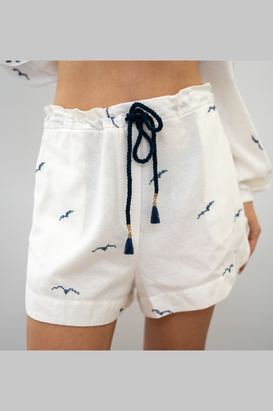 Off White Nautical Embroidered Drawstring Linen Shorts