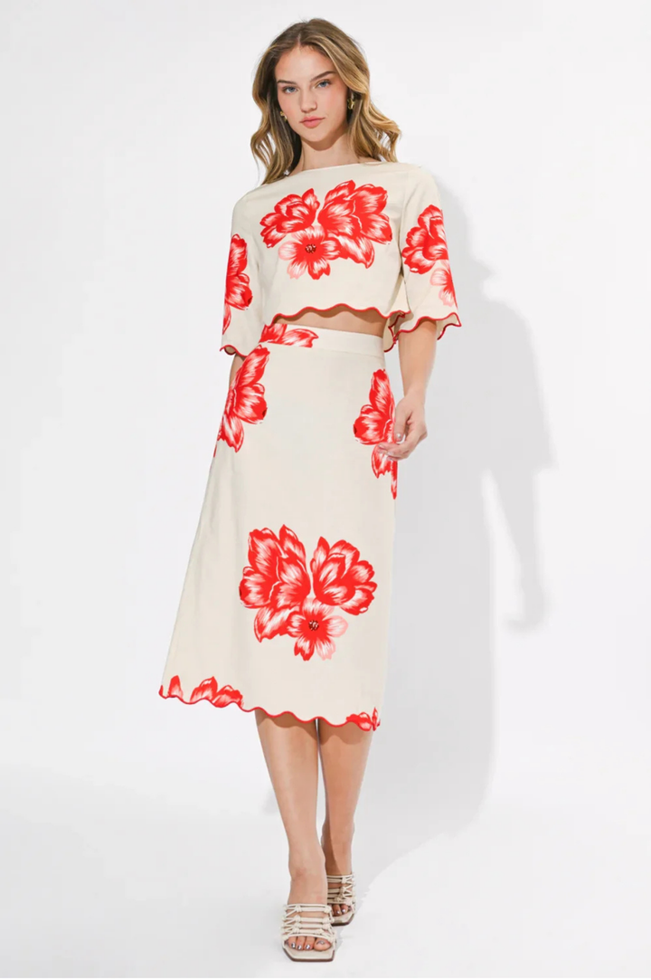 Ashley Scallop Printed Skirt - Cream/Red
