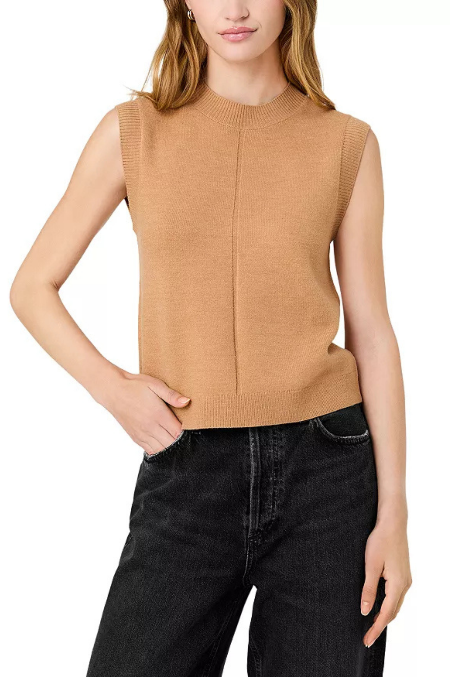 Babysoft Vertical Tick Crewneck Sleeveless Top - Camel Mel
