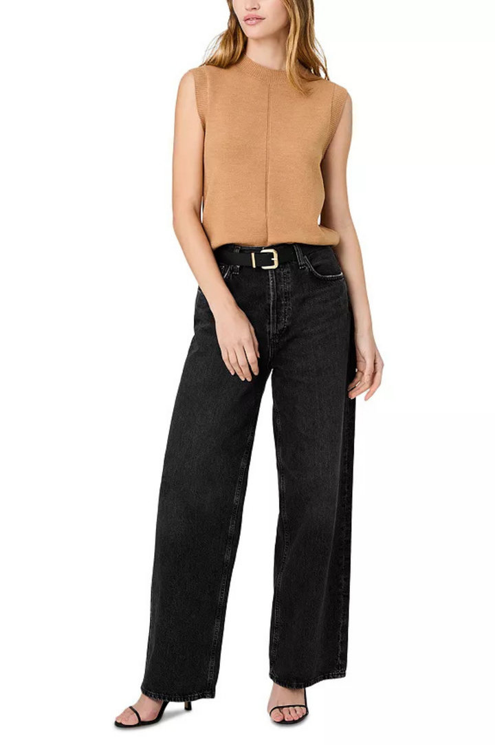 Babysoft Vertical Tick Crewneck Sleeveless Top - Camel Mel