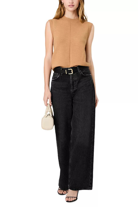 Babysoft Vertical Tick Crewneck Sleeveless Top - Camel Mel