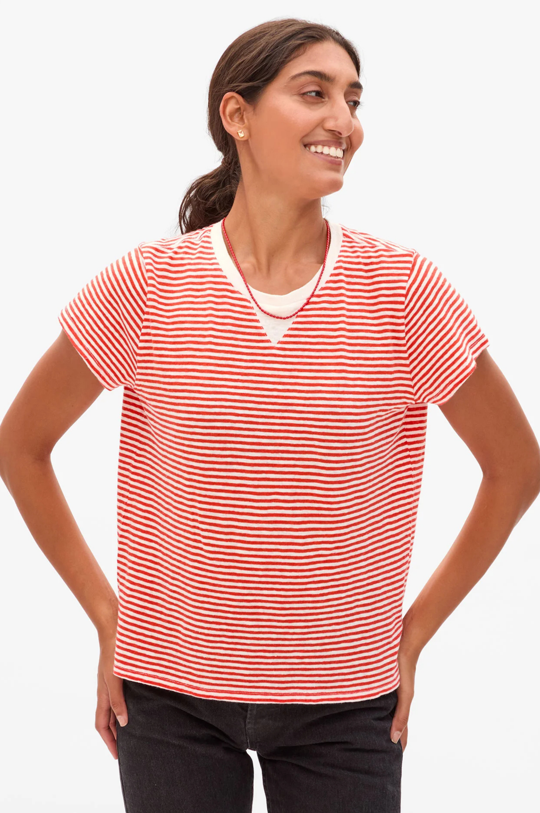Classic Tee Mini Stripe - Bright Poppy & Cream