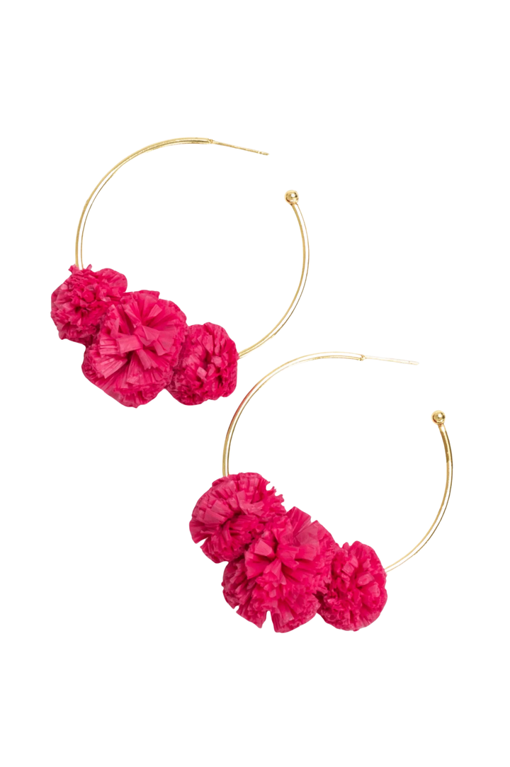 Rita Raffia Pom Hoop Earrings - Hot Pink