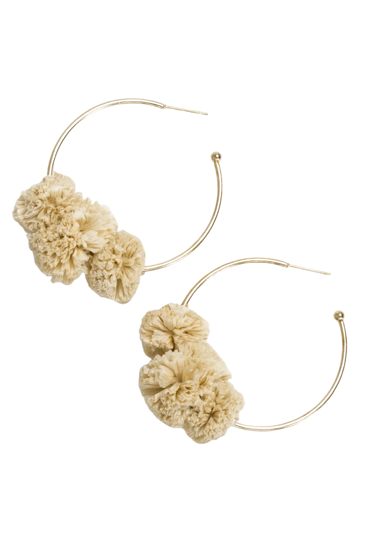Rita Raffia Pom Hoop Earrings - Ivory