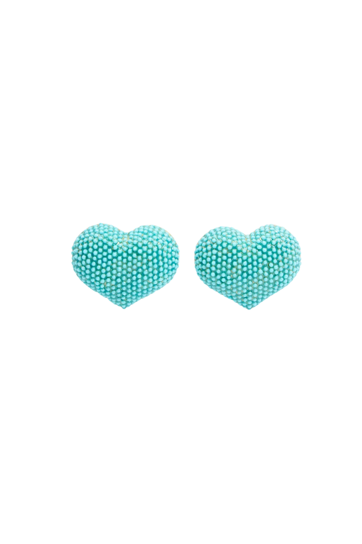 Beaded Heart Stud Earrings - Turquoise