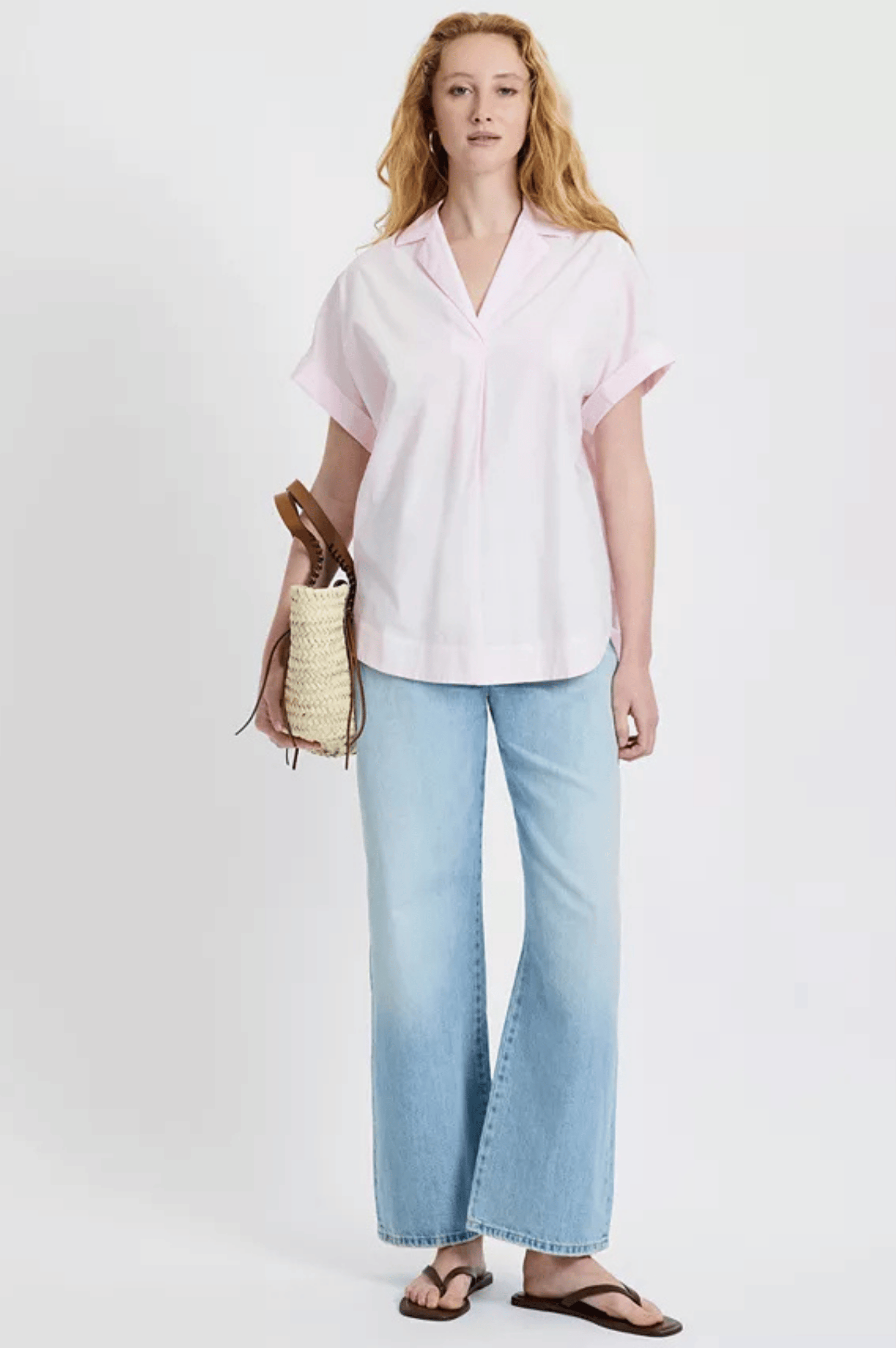 Poplin Collar Short Sleeve Pullover - Pink Icing