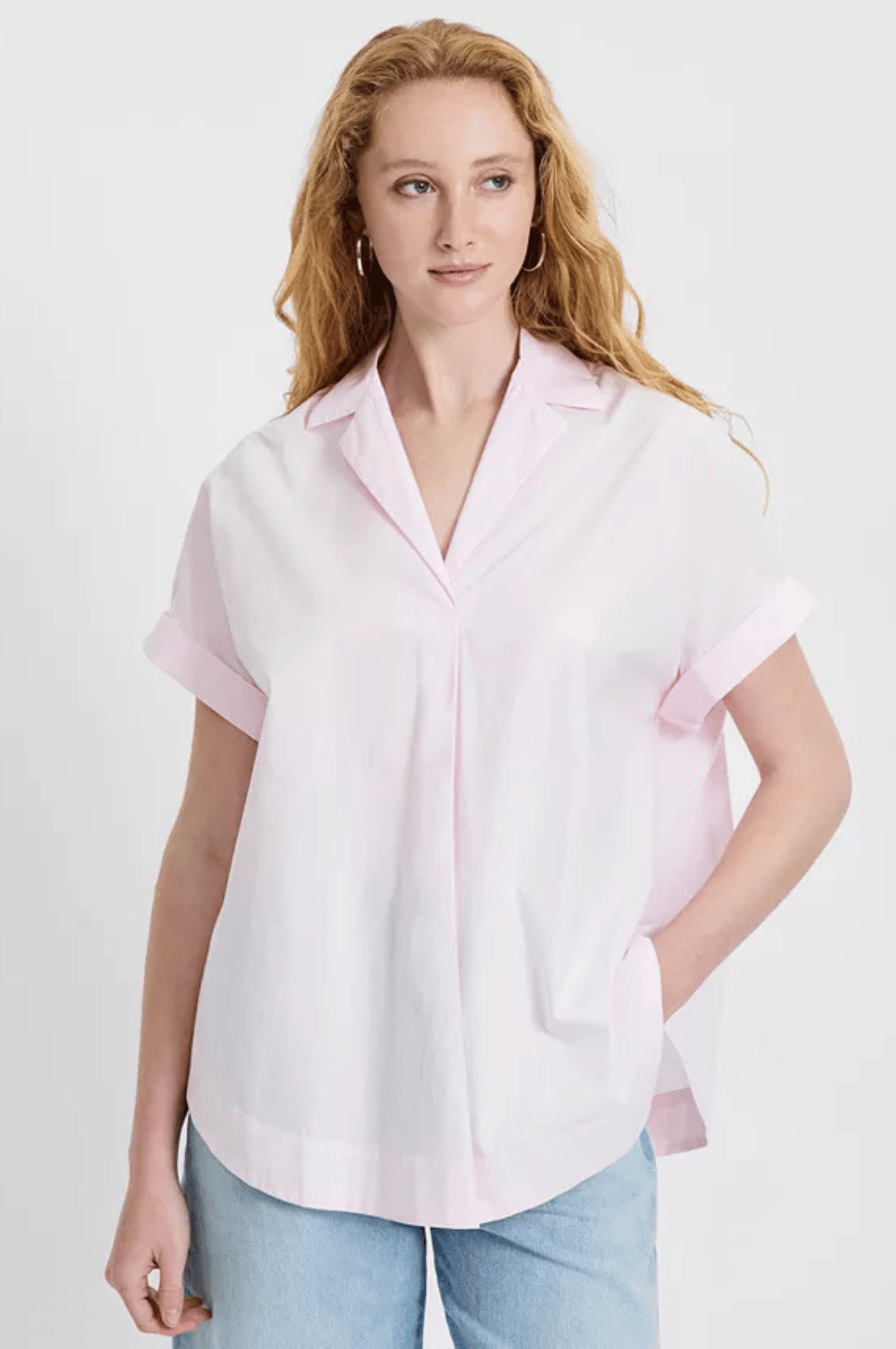 Poplin Collar Short Sleeve Pullover - Pink Icing
