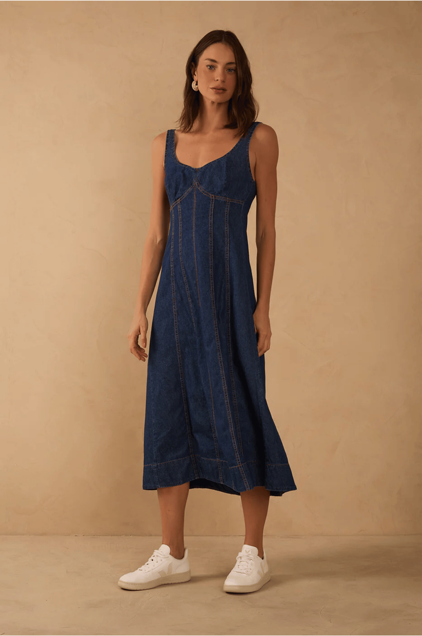 Denim Topstitching Sleeveless Midi Dress - Dark Wash