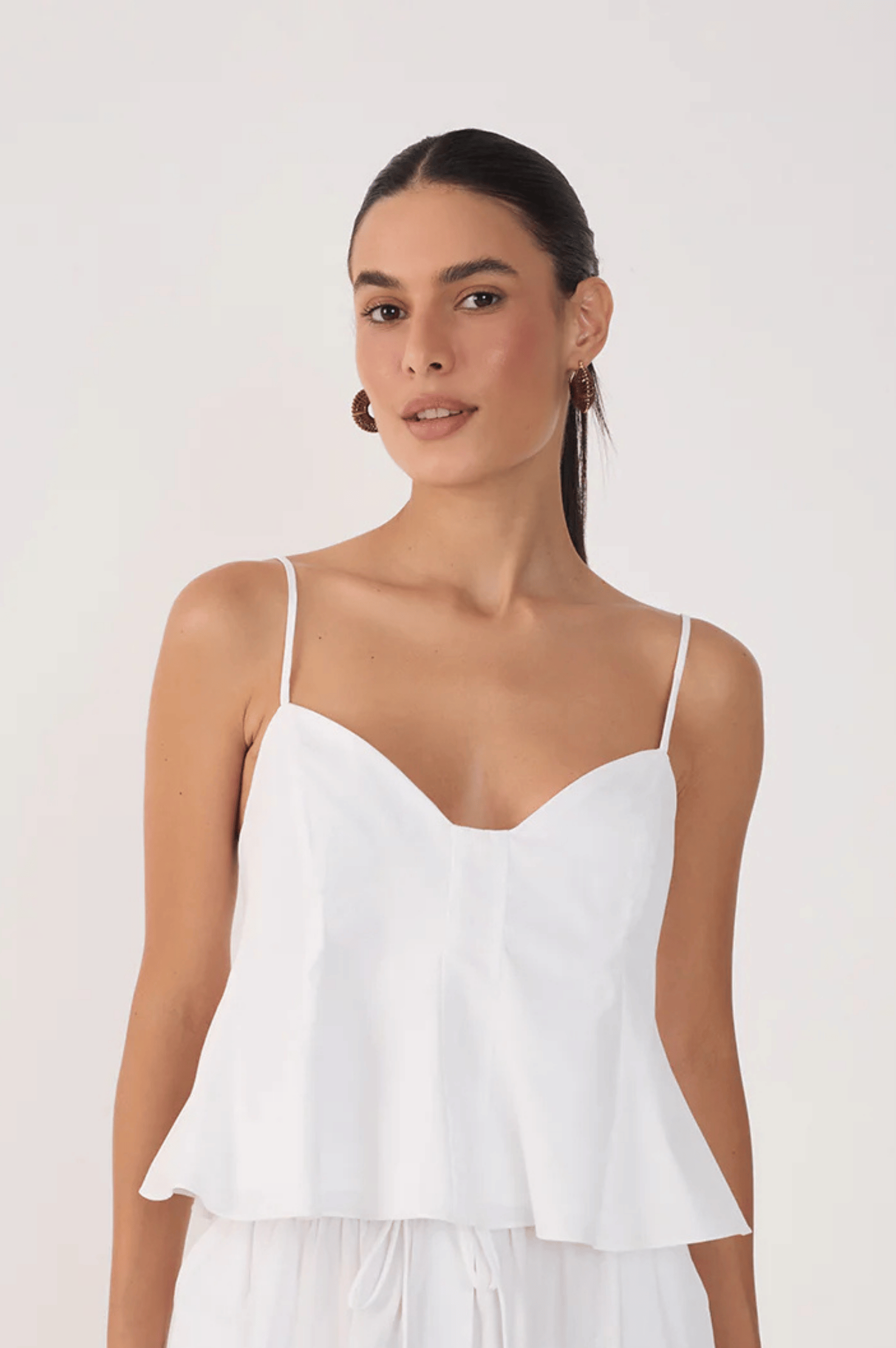 V Neck Sleeveless Cotton Peplum Top - White