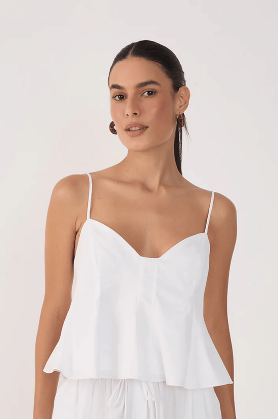 V Neck Sleeveless Cotton Peplum Top - White