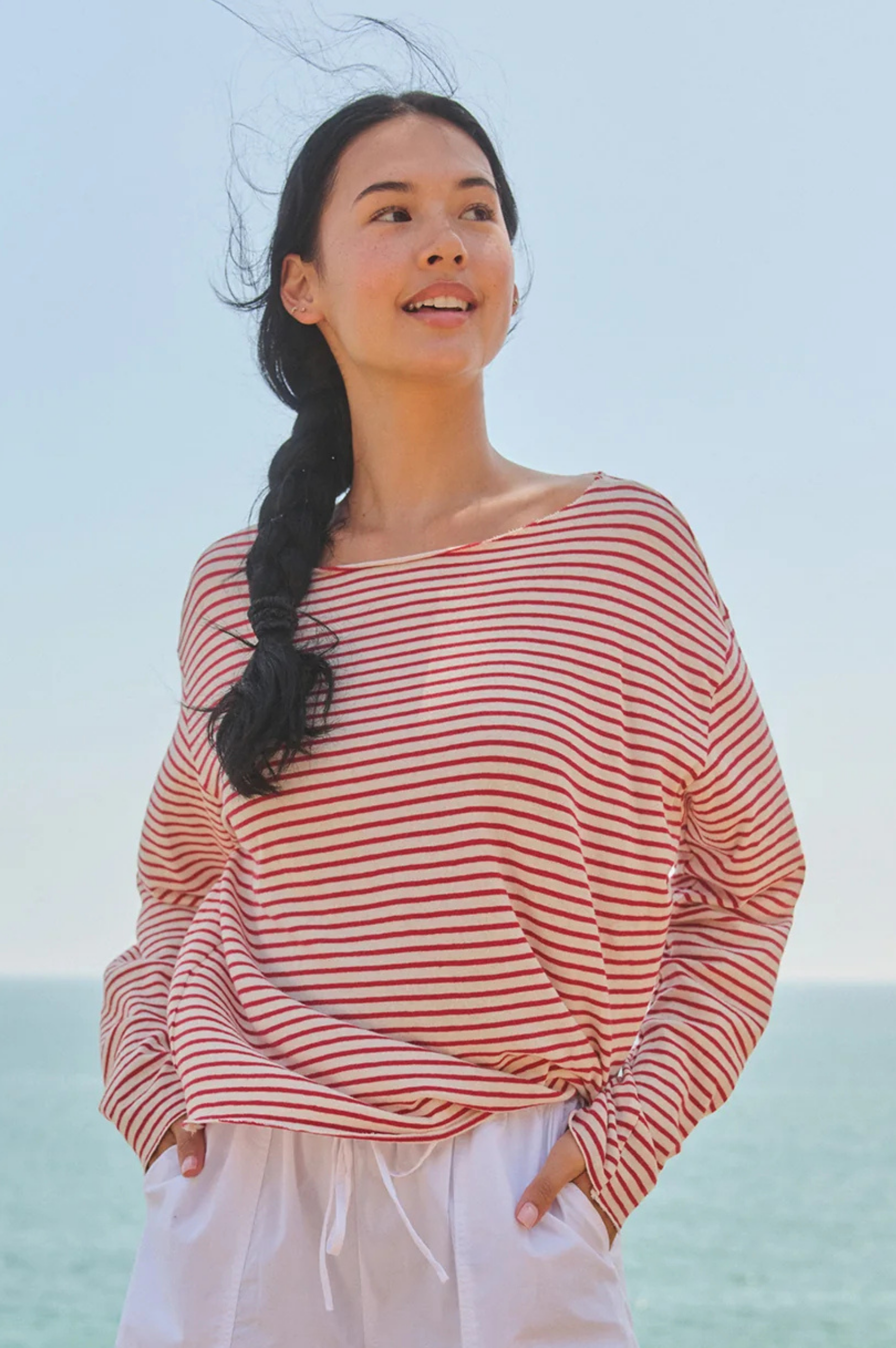 Boat Neck Stripe Top With Raw Edge - Oyster