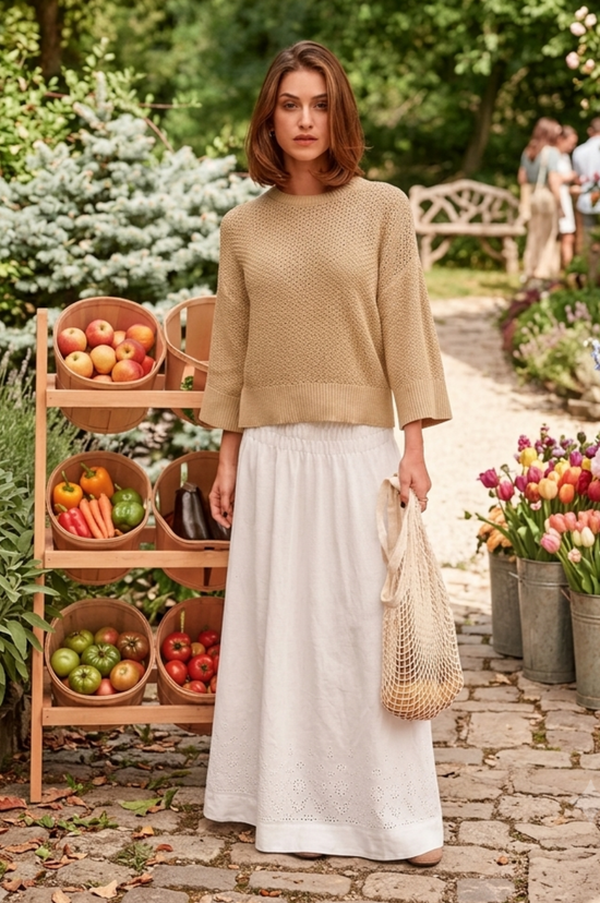 Suki Pointelle Cotton Oversized Sweater - Chanterelle