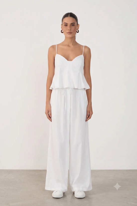V Neck Sleeveless Cotton Peplum Top - White