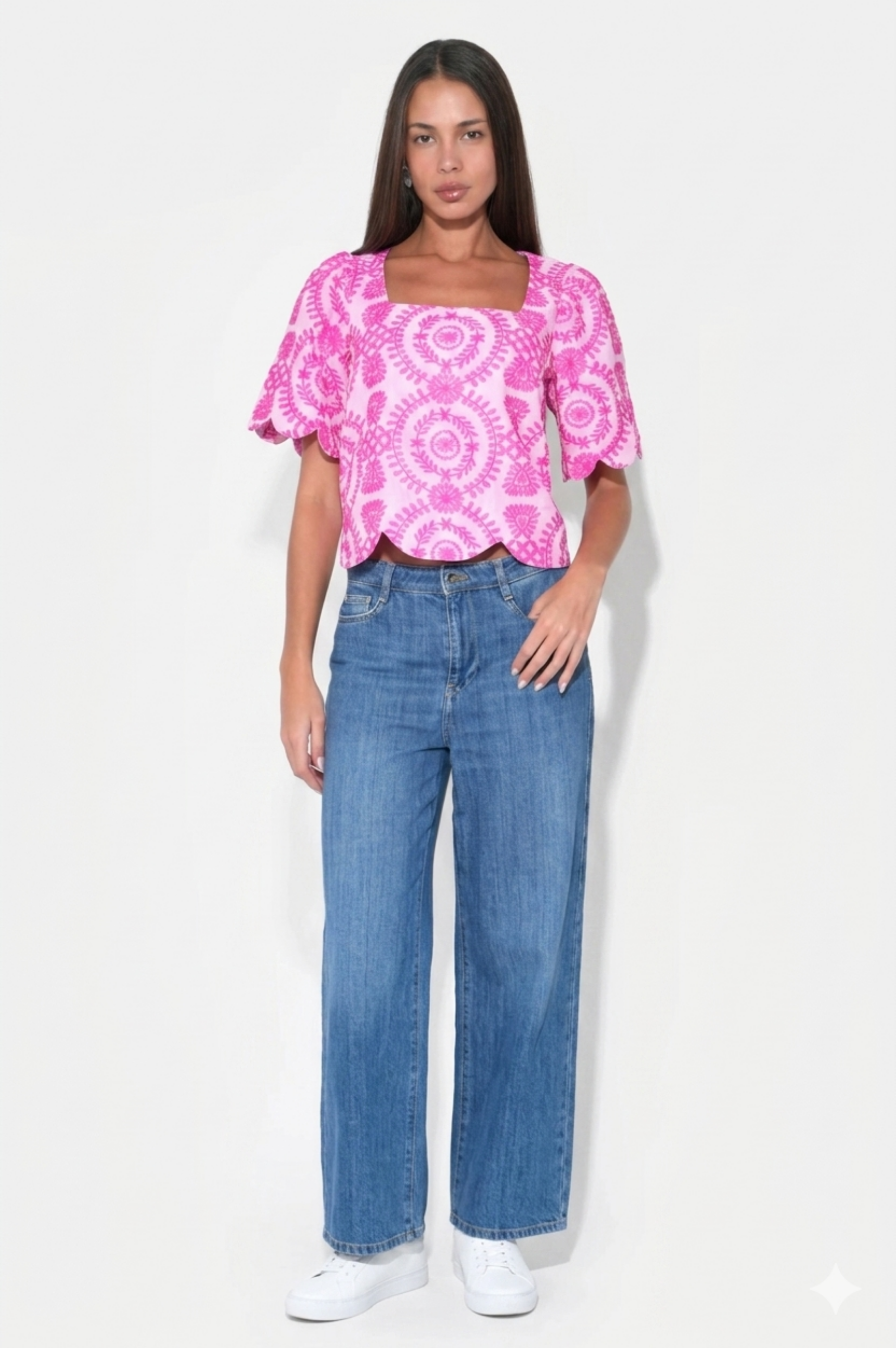 Hadley Square Neck Embroidery Scallop Top - Lilac/Magenta