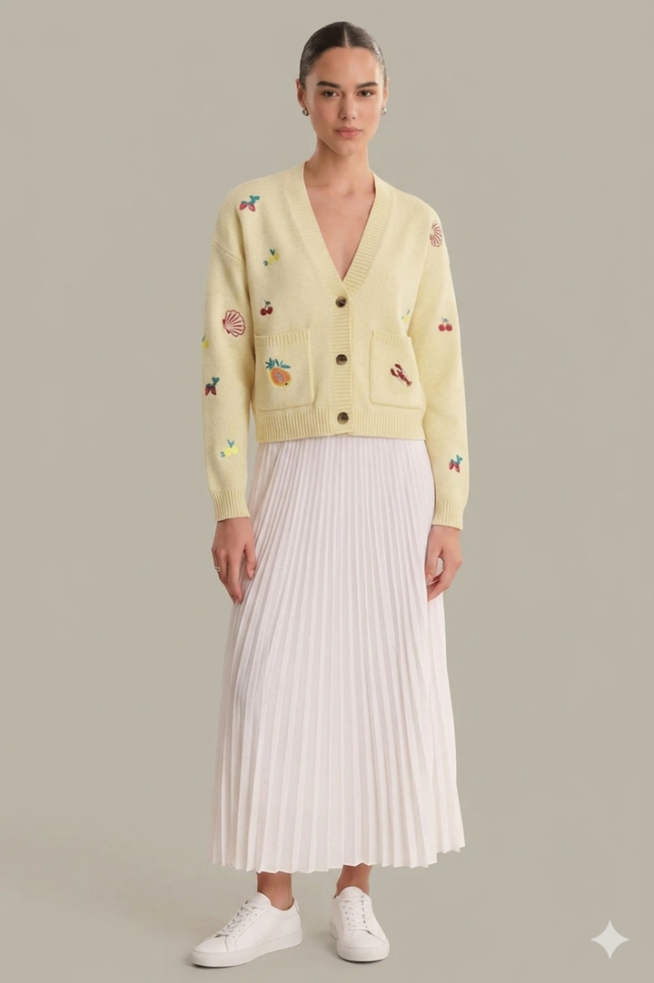Blythe Fruit Embroidered Cotton Cardigan - Lemon Icing